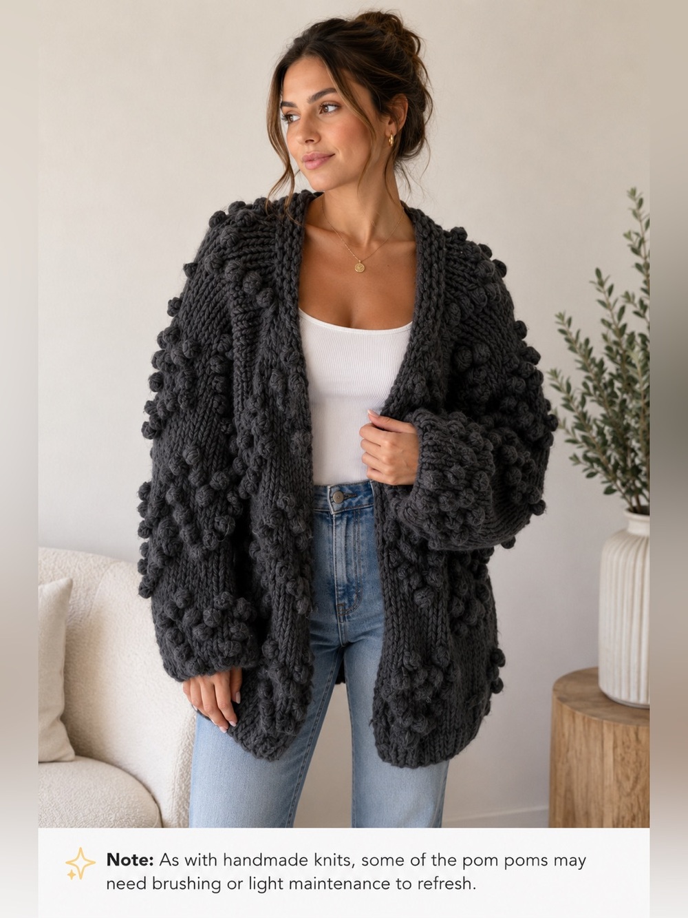 Racheal Handmade Pom Pom Chunky Knit Cardigan Oversized Medium